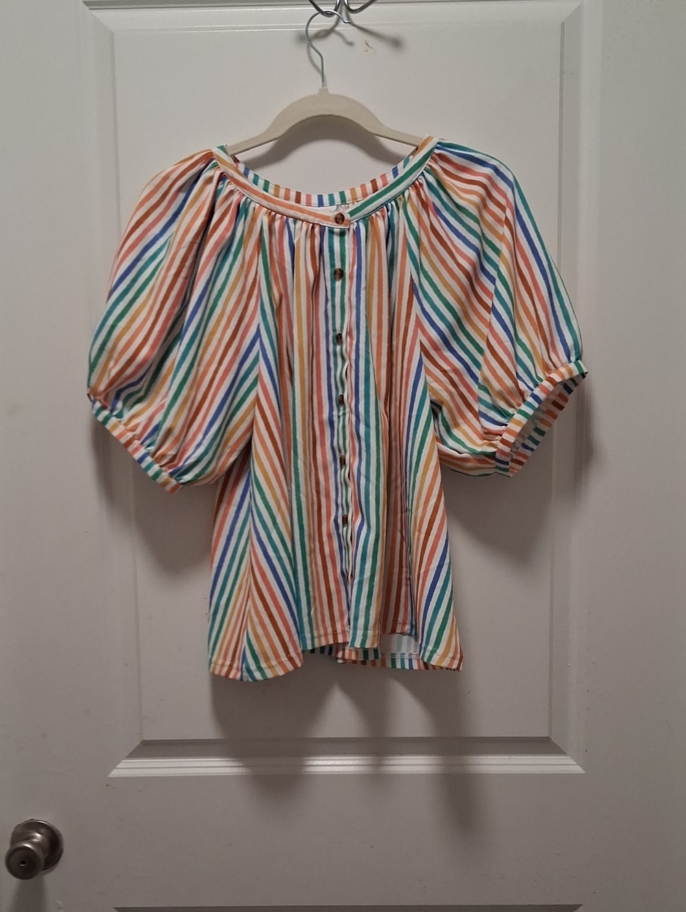 Rare Find! Rainbow Stripe Button-Front Puff Sleeve Top